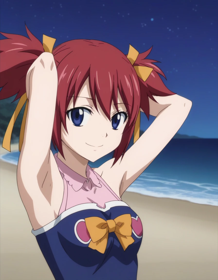 chelia_blendy, source_anime, rating_safe, intricate details, anime screencap, anime coloring, 1girl, solo,  red hair, blue eyes, ribbon, hair ribbon, twintails, short twintails, looking at viewer, solo, contrapposto, spread armpit, arms behind head, smile, looking at viewer, full body, closed mouth, night sky, beach, high quality,