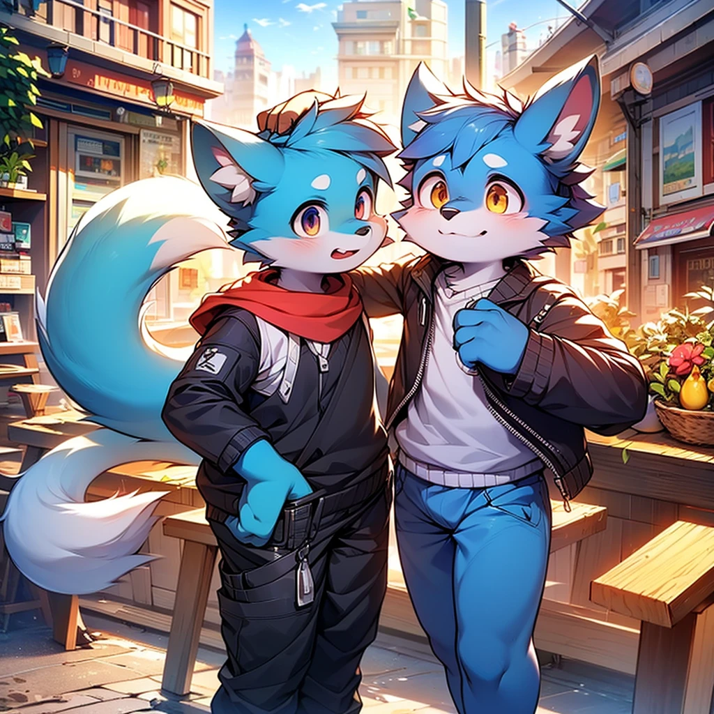 A blue dog boy who lives in a port city,