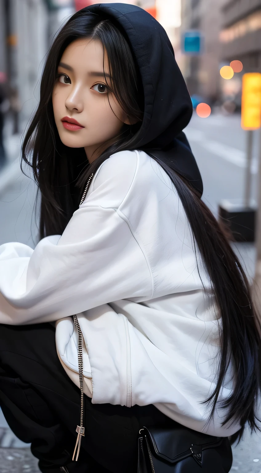 Beautiful girl, long, black hair. Big black eyes, wide eyelashes, beautiful pale lips, lip gloss, wearing a shirt with a pentagram, a short white jacket, a tight and short skirt, with leather boots up to the knee, she is extremely beautiful, masterpiece, perfect face, beautiful eyes, detailed, focus on her face and her eyes.