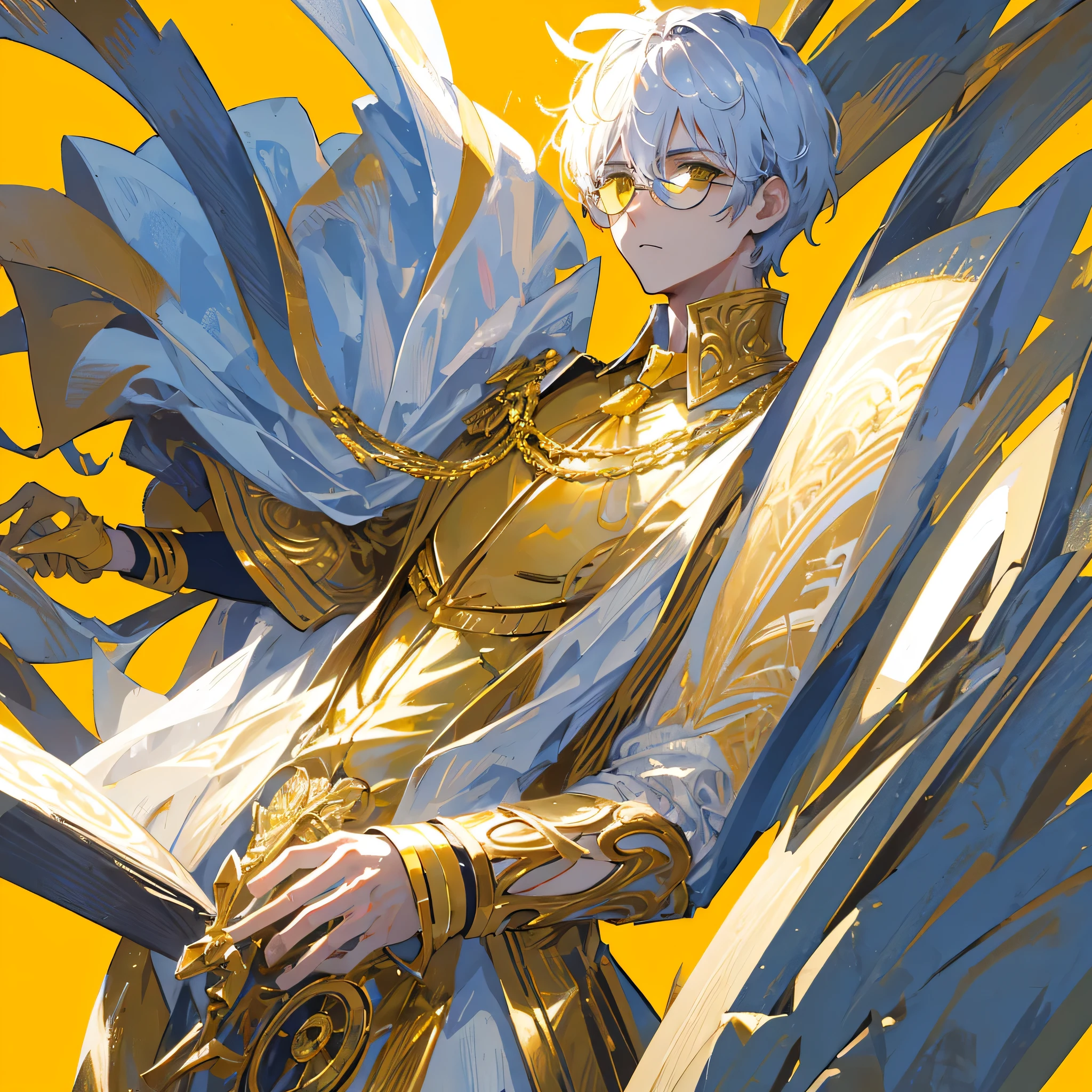 A male god,short hair,Gold and white shades,Wearing a monocle,((Pure yellow background))