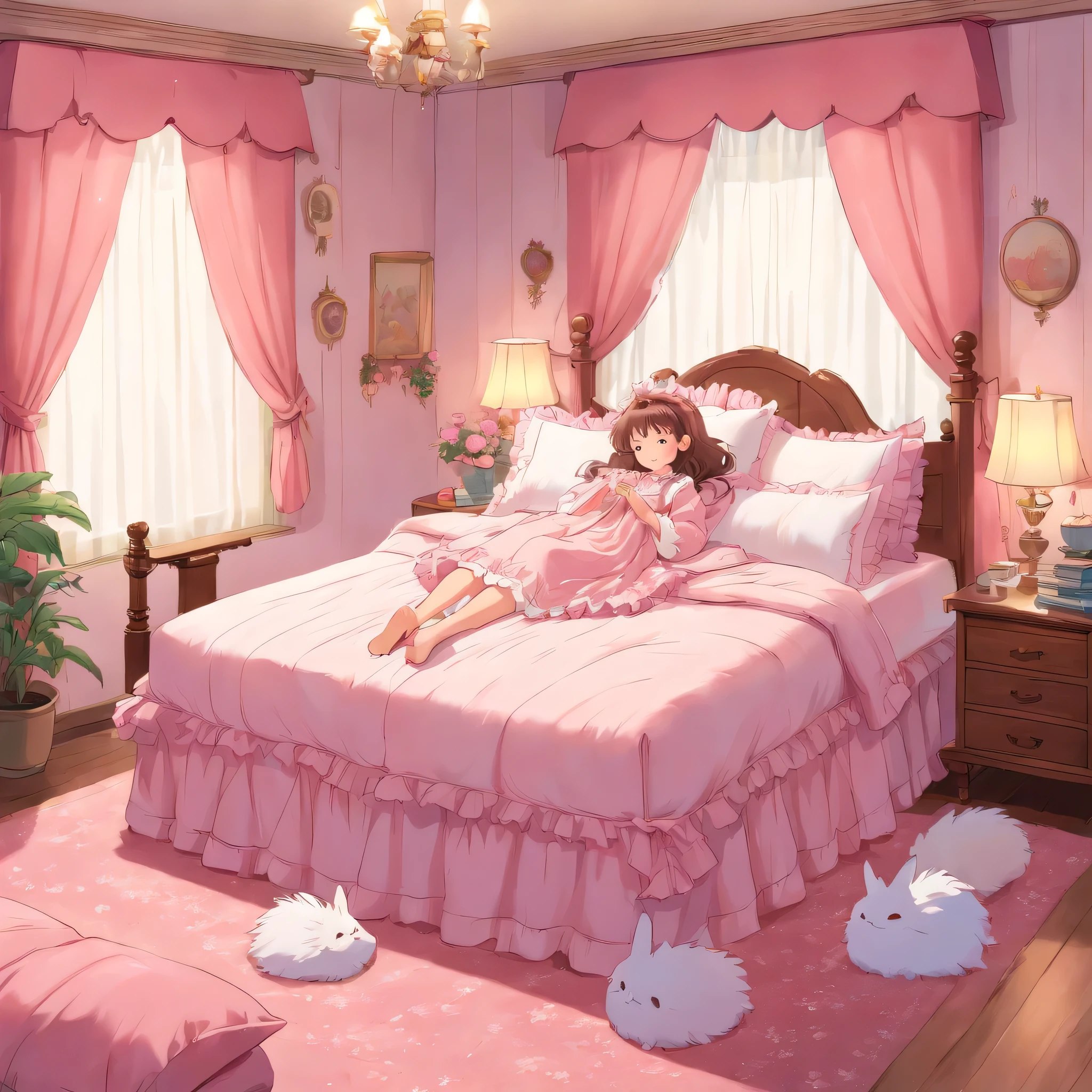 Ghibli-style animation illustration, The girl is sleeping on the bed,Anime illustrations, A lot of small white feathers, Lolita fashion long-sleeved long skirt nightgown with frills and ribbons, on a huge and wide pink canopy bed, a bed skirt with many pillows and frills with frills, Soft pillows and futons, colorful pillows in pastel colors, pink curtains with frills around the bed, detailed face.{{{{The lower body is covered by a frilled down quilt}}}}.{{{{A large frilled down quilt that covers the entire bed}}}}