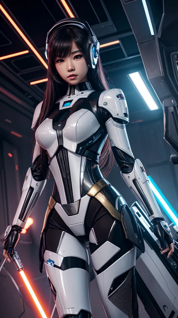 asian woman, tez blanca, korean, futuristic clothing, modern outfit provided, NO DEFORMATIONS, beautiful, robot, cyborg, android, light, laser, League of Legends, splah art, sexy, the payment, chrome, Metal, topless, FNAF, Animatronic, black and white, shadows, contrast, linda, beauty, goddess, kpop, Twice, Blackpink, warframe, robots, EVERGLOW, Aespa, idol, star wars, stormtrooper, steel, iron, Metal, the payment, Dark, lingerie, Dorado, gold, lights, trails, cables, wires, doll, doll, doll, haydee. neutral background