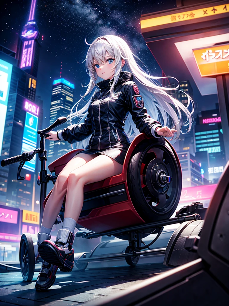Highest quality,Highest Resolution,Girl from the future,2Traveling on a wheeled machine,Night City,