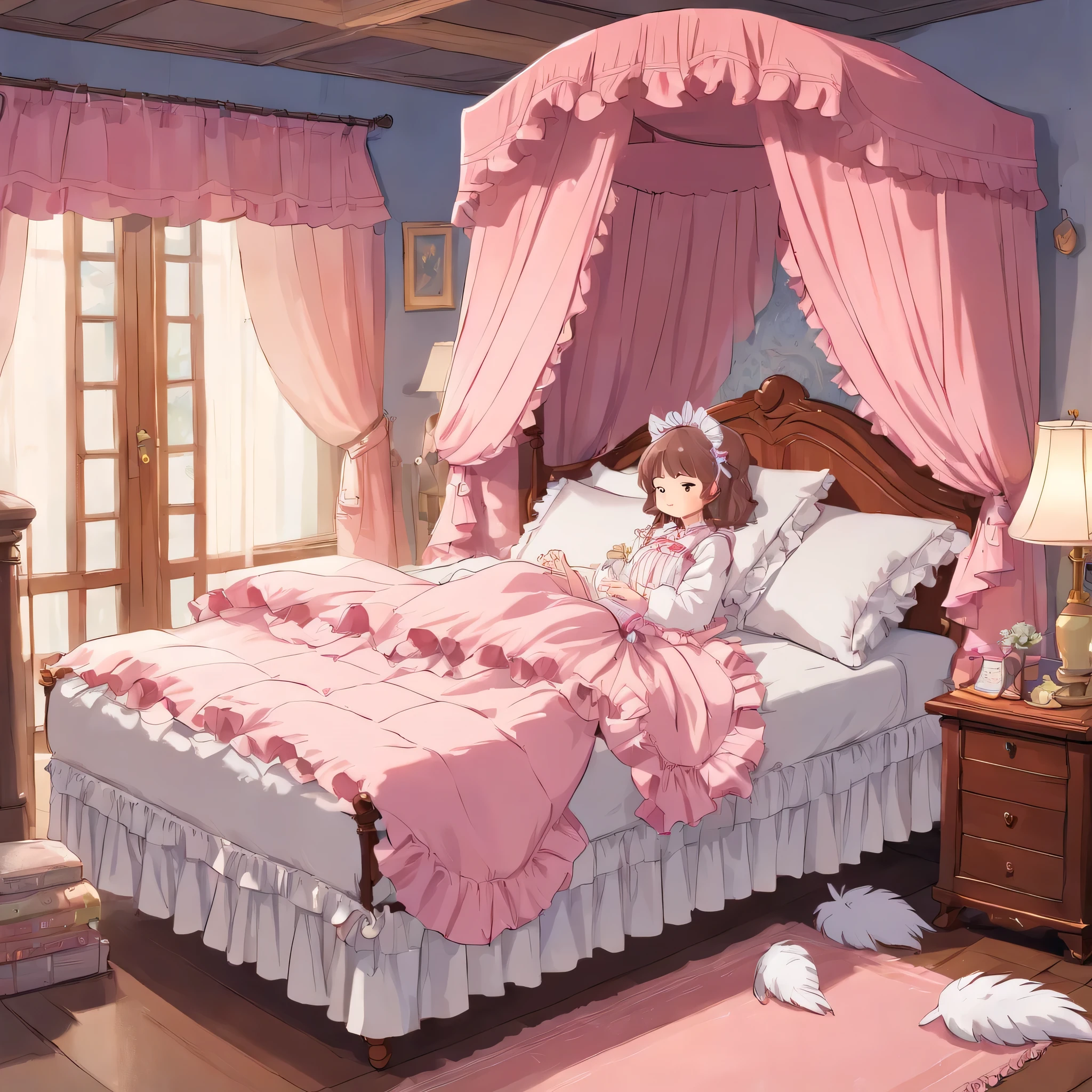 Ghibli-style animation illustration, The girl is sleeping on the bed,Anime illustrations, A lot of small white feathers, Lolita fashion long-sleeved long skirt nightgown with frills and ribbons, on a huge and wide pink canopy bed, a bed skirt with many pillows and frills with frills, Soft pillows and futons, colorful pillows in pastel colors, pink curtains with frills around the bed, detailed face.{{{{The lower body is covered by a frilled down quilt}}}}.{{{{A large frilled down quilt that covers the entire bed}}}}