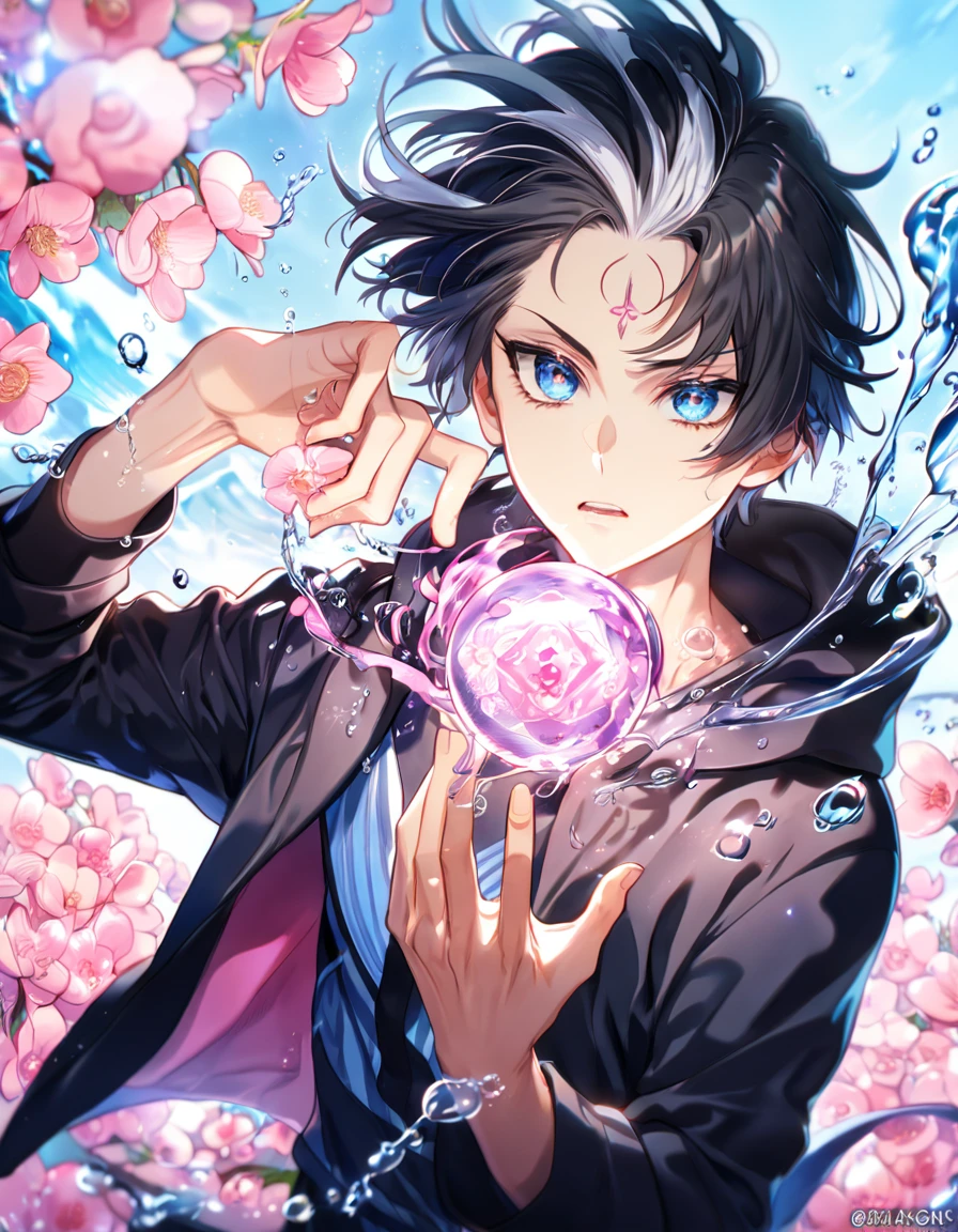 absurdres, highres, ultra detailed, HDR, master piece, best quality, Licht Jekylland Todoroki, black hair, white strand of hair on his forehead, expressive blue eyes, Servamp, solo, sexy man, handsome, black hoodie, water, fantasy, shining, pink flowers, pink blossoms, pink petals, magical