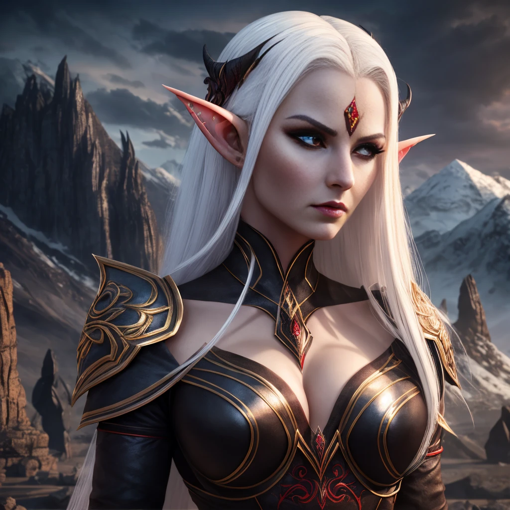 hellish elf woman, sensuous, skin fair, natta, tenebrosa, Linda, white hair, Eyes red, black leagwear, sheen, hyper realist, conceptual artwork, Mediovale, epic, fancy, princesselise, warrioress, forst, mountainscape, 2.5d cgi
