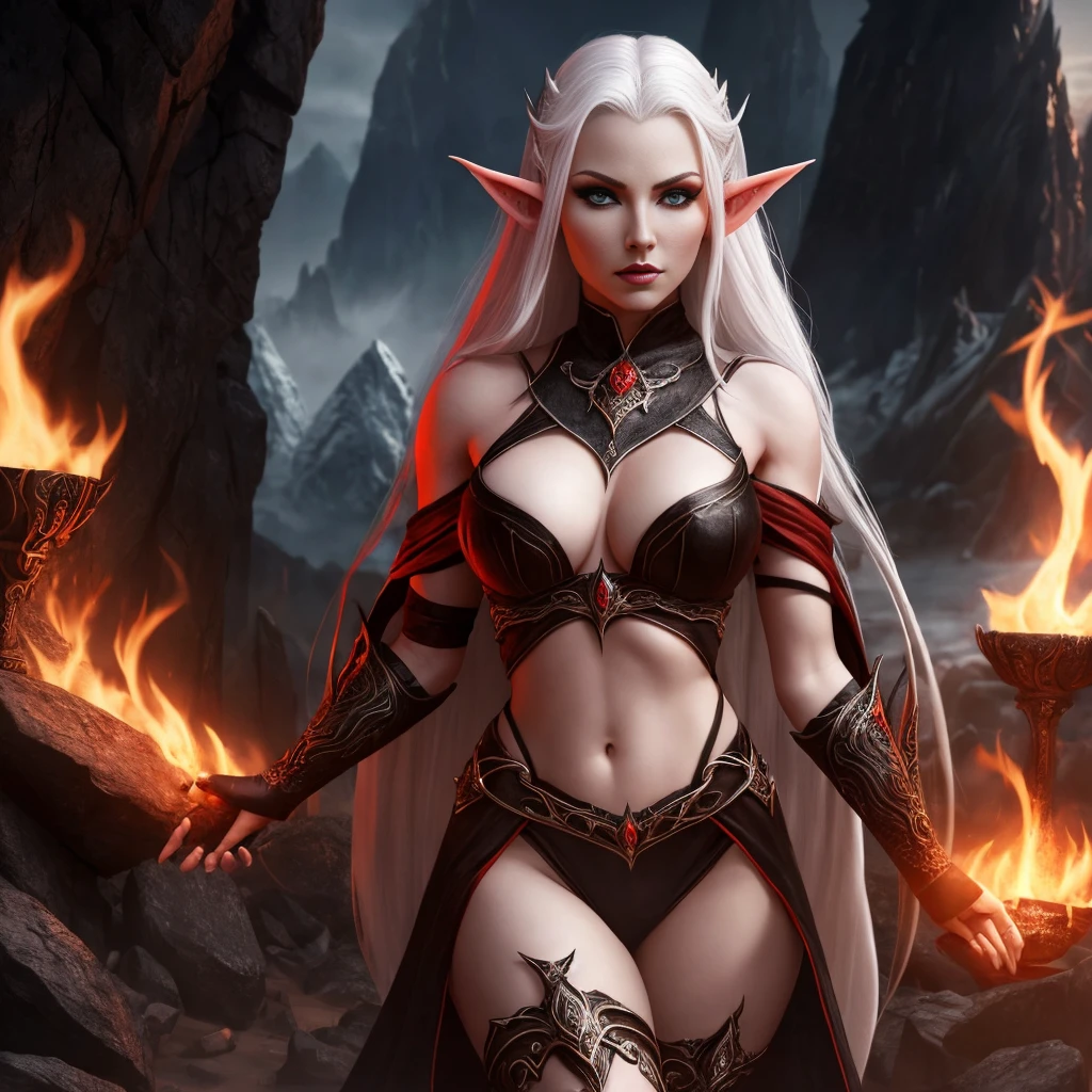 hellish elf woman, sensuous, skin fair, natta, tenebrosa, Linda, white hair, Eyes red, black leagwear, sheen, hyper realist, conceptual artwork, Mediovale, epic, fancy, princesselise, warrioress, forst, mountainscape, 2.5d cgi