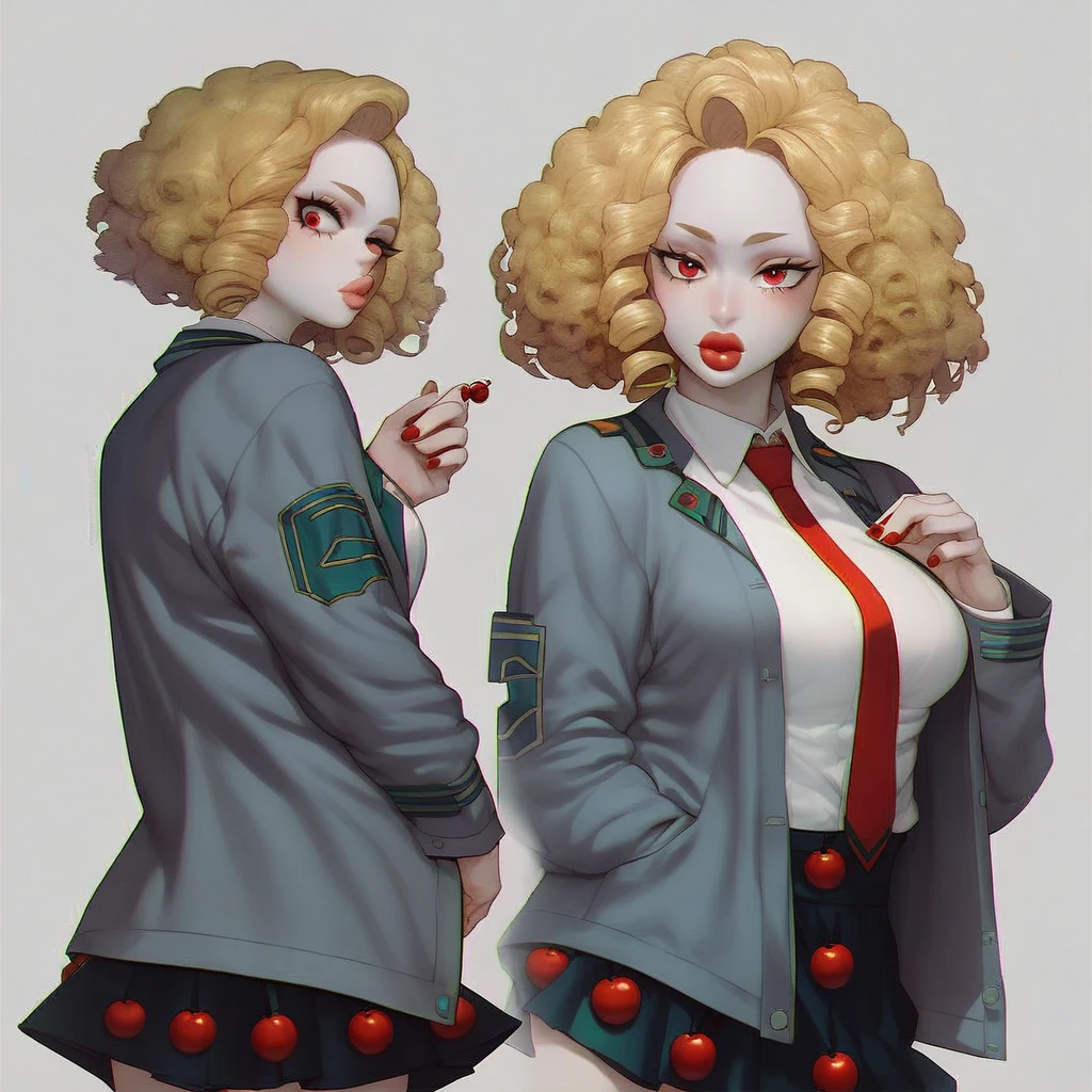 score_9, score_8_up, score_7_up, score_6_up, score_5_up, score_4_up, 1Girl, (/Boku no hero academia/), White skin, Short curly hair, Red eyes with long eyelashes, Round cherry lips, Large breasts, Wide hips, Nail clothes, Gray jacket with red tie, Skirt, Style_anime