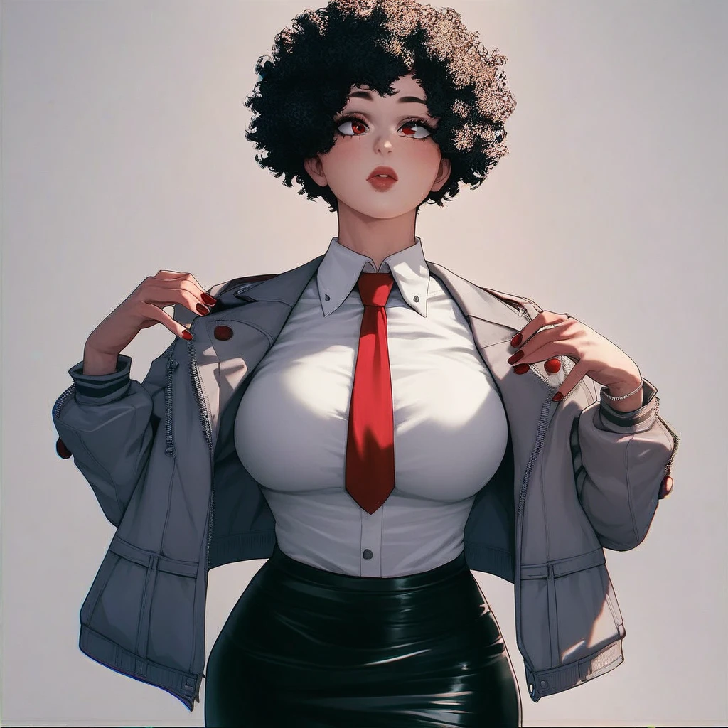 score_9, score_8_up, score_7_up, score_6_up, score_5_up, score_4_up, 1Girl, (/Boku no hero academia/), White skin, Short curly hair, Red eyes with long eyelashes, Round cherry lips, Large breasts, Wide hips, Nail clothes, Gray jacket with red tie, Skirt, Style_anime