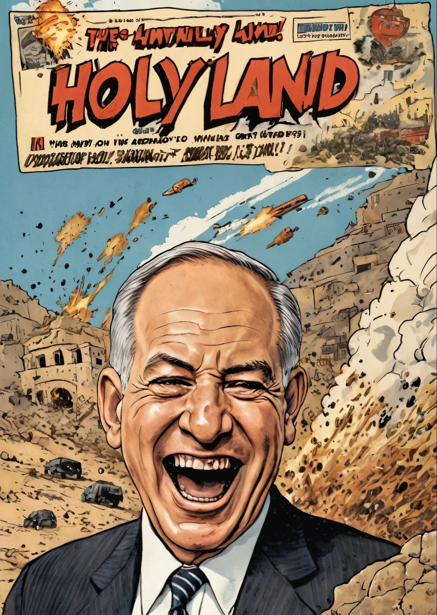 Vintage comic book cover illustration of old and fat Netanyhu exiting and laughing manically over the holy land exploding, The name ('Holy Land':1.5), vintage dirt, dirt of aging,