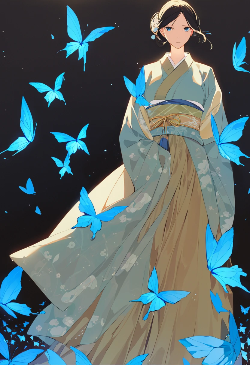 Black background. Distant view. A woman in a Meiji-era kimono stands staring in front of her with a gun at the ready. Around her, a flock of blue butterflies flit about like a storm.