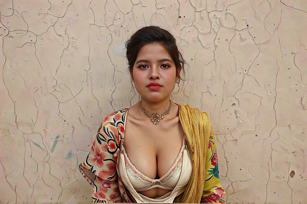 A close picture of Indian, winding, hourglass figure, extremely large Breasts swoop, no bra, pierced nipples, visible nipples, bend down and hanging breasts, Shows deep cleavage, Kneeling in ceremonies, French braid hair, necklace, Sexy maroon saree and not wearing bra, visible nipples, Sultry, Alluring eyes, Look at the viewer and smile, (Cinematic:1.3), Complex details, (ArtStation:1.2