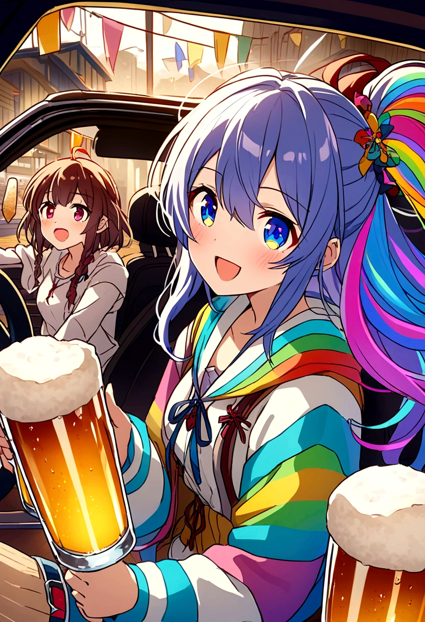 Based on this girl、Situations where you are driving a car、The hair is all rainbow colored、Beer is excluded、Sit in the driver's seat of the car