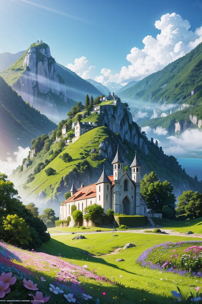 Medieval Catholic church on the mountain, View of the sea, surrounded by lush vegetation in a valley of flowers, rise sun, with rays of light, slightly misty day, Ultra -HD, 真实感, cinematic light, detailed back ground, swirly vibrant colors, conceptual artwork