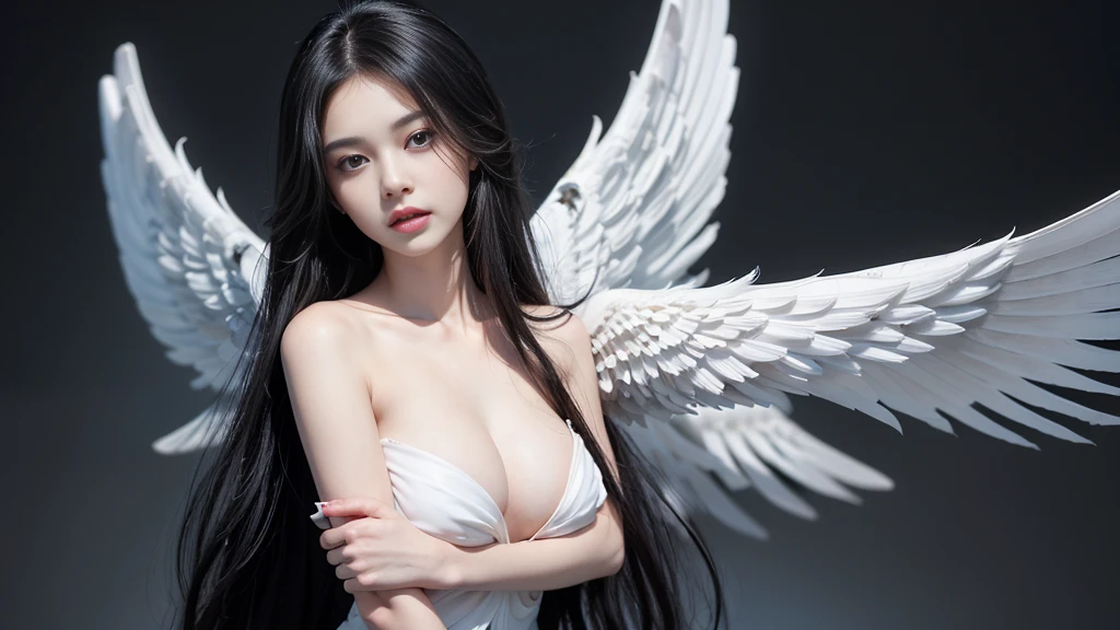 (Realistic picture, highest resolution, 16K), She has a beautiful face., Emphasize a beautiful face, Front photo, ((On her back are 12 wings.:1.5), (6 white wings:1.5) and (6 black wings:1.5)), ((On her back are 12 wings..:1.5), (12 white wings:1.5) and (12 black wings:1.5)), (have many wings, wings separated, There are 12 wings on her shoulders.:1.4, เทพเจ้าที่มีปีกกว้างandมีพลังมหาศาลอยู่บนไหล่ของเขา, Add dynamic wings), (12 wings on shoulders:1.6), (Beautiful girl with two meter long hair, striking long hair, Beauty that comes from long hair, long black hair), (Smooth white skin, Smooth white skin, Smooth white skin), (Lips are very red..,), ((stand, That's finished.)), (big breasts, big breast, The breasts are soft and fluffy., Plump breasts, A gigantic rift, big breast), (thin body, Flat stomach, small waist, hips raised, small thighs, Long legs), (Dynamic posts), (Women who are 172 centimeters tall), (perfect proportions, Anatomically correct, proportional anatomy), (full body, เหมือนfull body, See the whole body.., Visible in every part of the body), (Wear a sexy leather outfit., tight, Focus on body proportions), (standเขย่งเท้า, Float in the air), (powerful wings, powerful wings 12 ปีก:1.6, gigantic wings), (scene, ความdark, ในที่dark, deep shadow, dynamic light, Take realistic photos, background, dark, at night), The magic circle is behind.., จักรวาลที่darkมิด, Wings that shine by themselves
