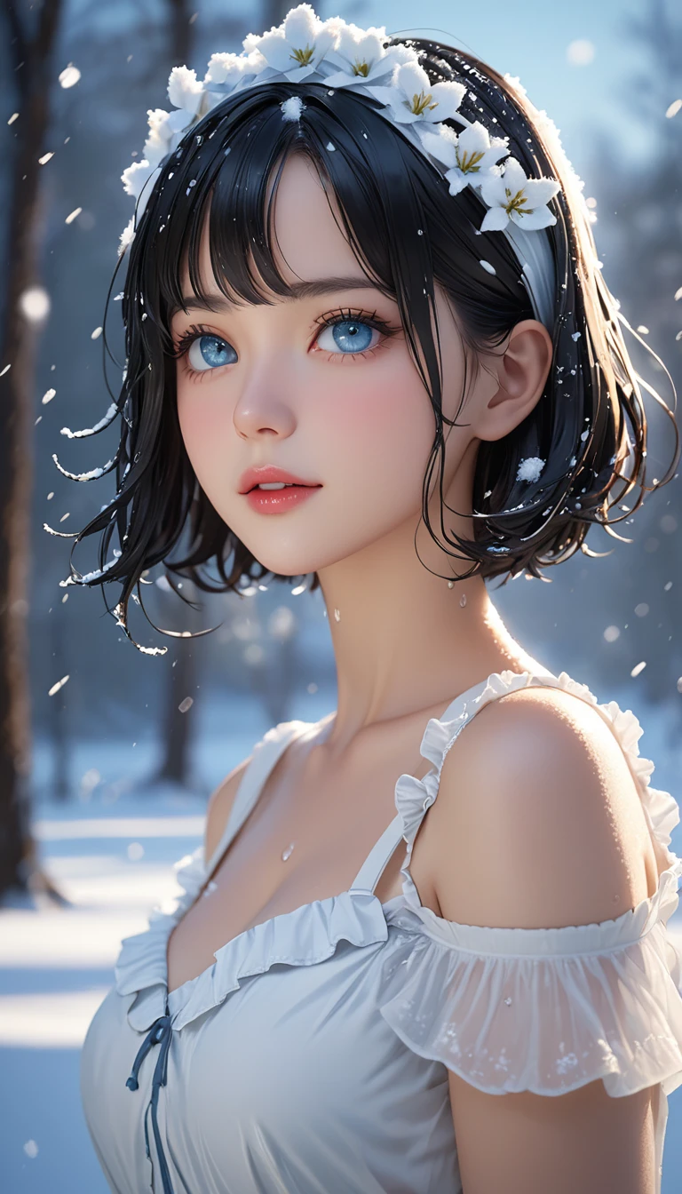(((masterpiece))),Highest quality,figure,4k wallpaper,Cinema Lighting,Absurd,1 Girl,(snow,ice),In winter,Black Hair,Shiny Hair,Long Bob,curl,blue eyes,detailed eyes,White clothes,Beautiful dress in white color,Frills,race,Wet clothes,Leave_shoulder,hair band,masterpiece,Absurd,Beautiful Face,Features,Natural light,Soft Light,(Seven-part combination),amazing,Dreamy and magical,mystery,shy,smile,