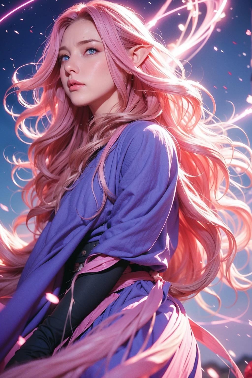 Woman, long wavy hair, pink hair, blue eyes, night, wind, stars, elf, powers, fighting stance ,Fight, fight outfit, sexy, fighting position