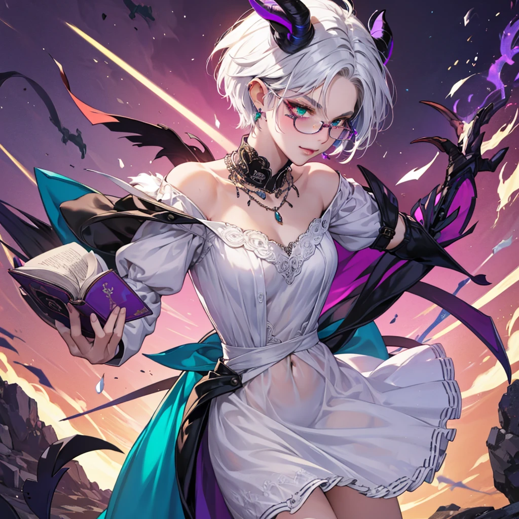 8k, masterpiece, best quality, highly detailed, 1 girl, tiefling, warlock, multicolored hair, very short straight hair green highlight hair on white hair, strippled hair, wearing glasses, round glasses, earrings, long dress with side cut, lace dress, red eyeshadow, long eyelashes,navel piercing, blushed cheek, necklace, collarbone, high heels, mole, glamorous, purple and teal clothing, villainy, smirk, seductive face, close up view, rings, looking at viewer, standing, demon horns, solo, hand touching cheek, school, black lace gloves, holding book, sensei, miniskirt.