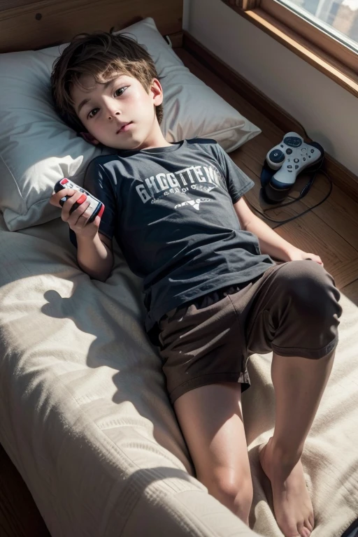  6 with brown hair, whole body, lying down, downstairs bedroom, whole body, View from above, ps5 controller in hand, gamer