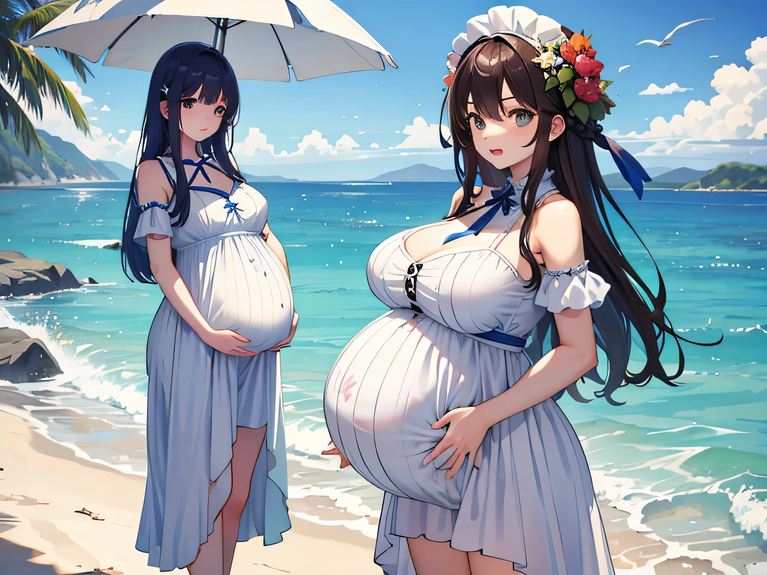 2 Girls,seaside、Dress,Long hair,Huge breasts,Pregnant