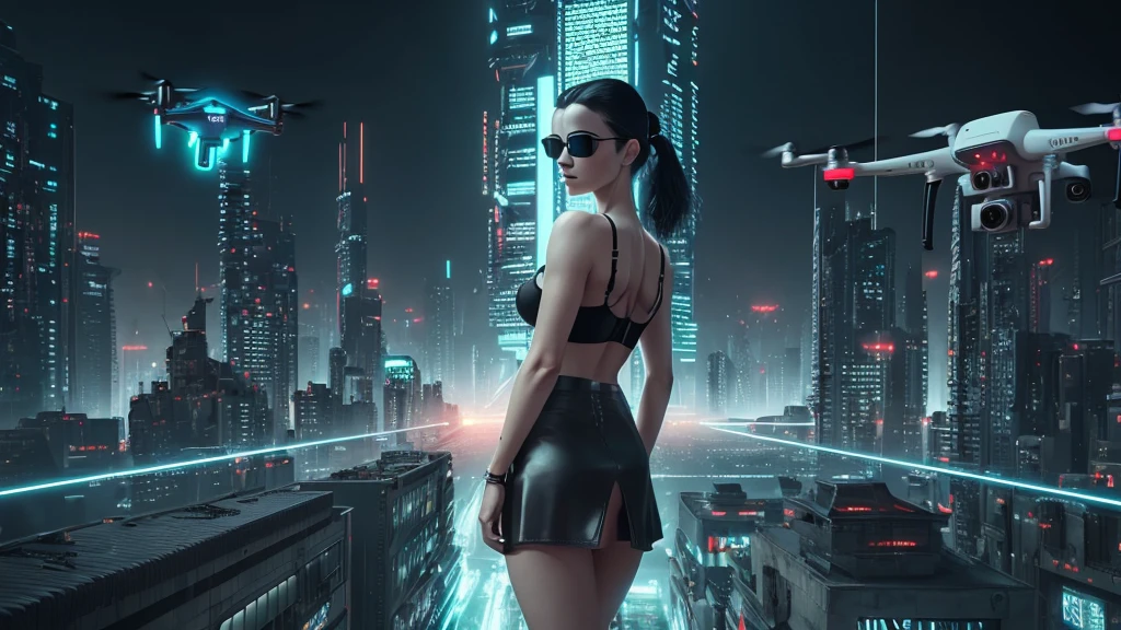UE 5, computer render, Rendered by Octane, (8K, tmasterpiece), (realistically, Photo degree:1) luminescent concept art, (((((aerial view))))) of Cyberpunk city scene, ((Surreal circuit architecture)), (((((supercars street racing, 1 drone))))). Matrix style, (((((Matrix cascading code))))), (((((a futuristic twin tower skyscraper with a unique twisted design))))), (((((OLED GUI interfaces in the building))))), at night, (((((1girl, solo))))), photo realistic, (((large-breast:1.2 slim body, cleavage))), (((off torn mini matrix-code sling-shirt and black sling bra, extreamly short pleated matrix-code miniskirt exposing panty))), (((((running pose))))), (((((((matrix style black micro sunglasses))))))), ((((((((((aiming with a short gun)))))))))), (((((looking at camera))))), (((very low view))), (((((half-body thigh level medium shot))))), (((cinematic lighting))).