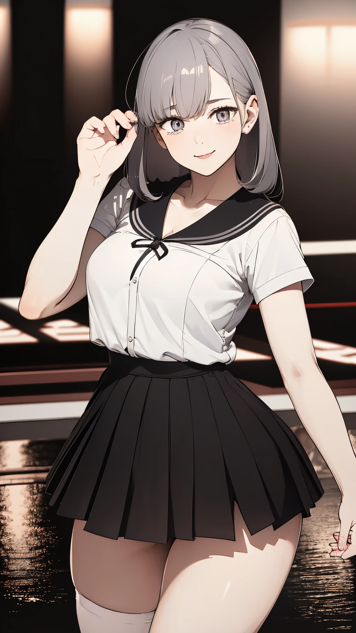 1thicc school girl wearing thigh length pleated skirt, skirt puller, Skirt lifter, revealing panties, skirt short, gorgeous features, cleary see face, symmetrical face, beautiful  face, Eyes Rendered, detailedeyes, cute hair, ssmile, Legs long, [thick|苗条] coxas nuas, tight slit, natural breasts, symmetrical breasts, perfect shaped breasts, Anatomi, athletic, adjusting, in shape, exotic, seducer, mellow, portrait of first work, extreme detail, (character focus:1.4), highy detailed, 8k octane, hdr, ultra detaild, best qualityer, highest quallity, realistic lighting, hyperdetailed