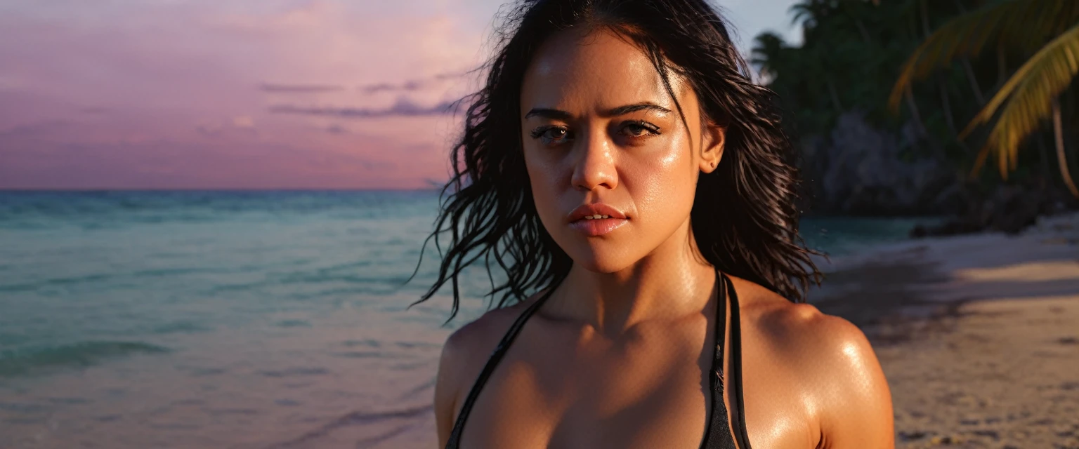 Michelle Rodriguez, bikini, M-16, beautiful detailed eyes, beautiful detailed lips, extremely detailed face, long eyelashes, woman with muscular athletic body, determined facial expression, full body, tropical beach, sunset lighting, vibrant colors, cinematic composition, photorealistic, (best quality,8k,highres,masterpiece:1.2),ultra-detailed,(realistic,photorealistic,photo-realistic:1.37),cinematic lighting,detailed textures,3d render