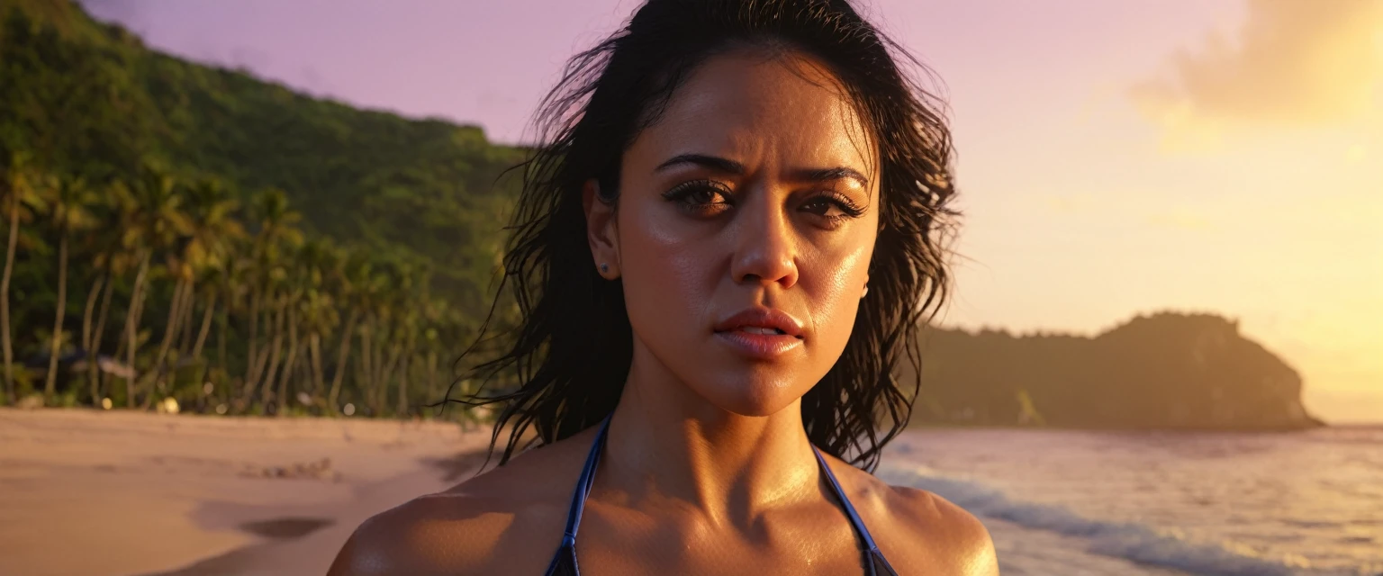 Michelle Rodriguez, bikini, M-16, beautiful detailed eyes, beautiful detailed lips, extremely detailed face, long eyelashes, woman with muscular athletic body, determined facial expression, tropical beach, sunset lighting, vibrant colors, cinematic composition, photorealistic, (best quality,8k,highres,masterpiece:1.2),ultra-detailed,(realistic,photorealistic,photo-realistic:1.37),cinematic lighting,detailed textures,3d render