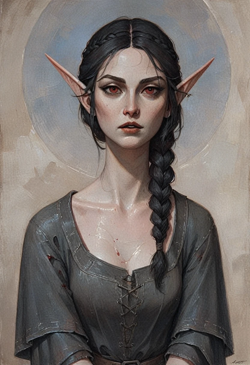 score_9, score_8_High up, score_7_High up, 1 girl, ((Dunmer)), skyrim, Ancient scrolls, blood elf, ((light pale and pink skin)), small dark lips, big red eyes, naughty big hyper_detailed big eyes, muted, black hair tied into a long swaying braid, round girly features, tall and slender, gazing at viewer, conceptual artwork, High aboveper body view, gothic art, oil painting, Traditional media, wearing a modest black dress,