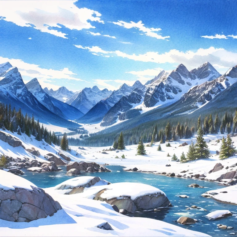 Snow-white Rocky Mountains, blue skies, faraway and majestic views, watercolor style, colored pencils, top quality images.