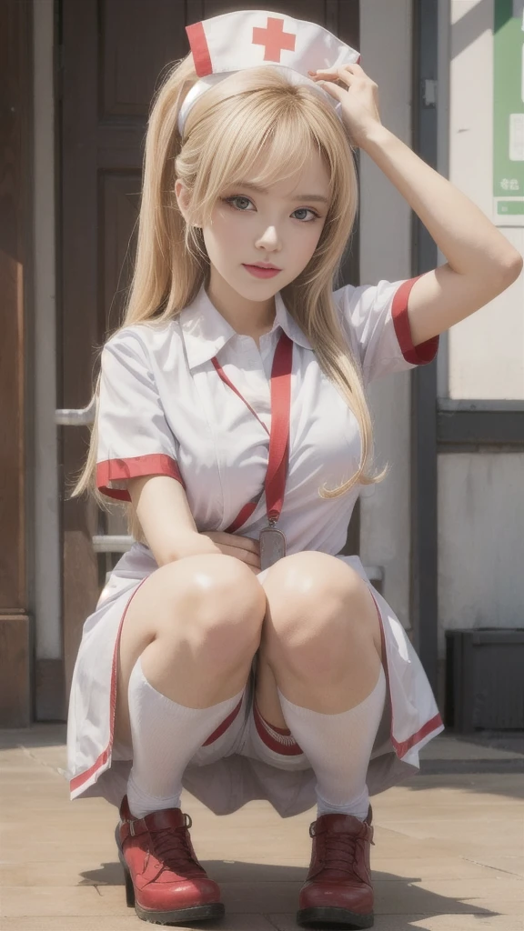 A character kneeling wearing a nurse's hat, Girl is crouching, , beautiful girls squatting, Seductive girls, a Surreal , Attractive girl, Surreal, Super cute face, Anime Best Girl, Young girl, cute girl, (beautiful girl, , Idol Face), Naughty Style, belt, loafers, ((Sexy gray underwear)), ((Shy expression:1.2, blush))