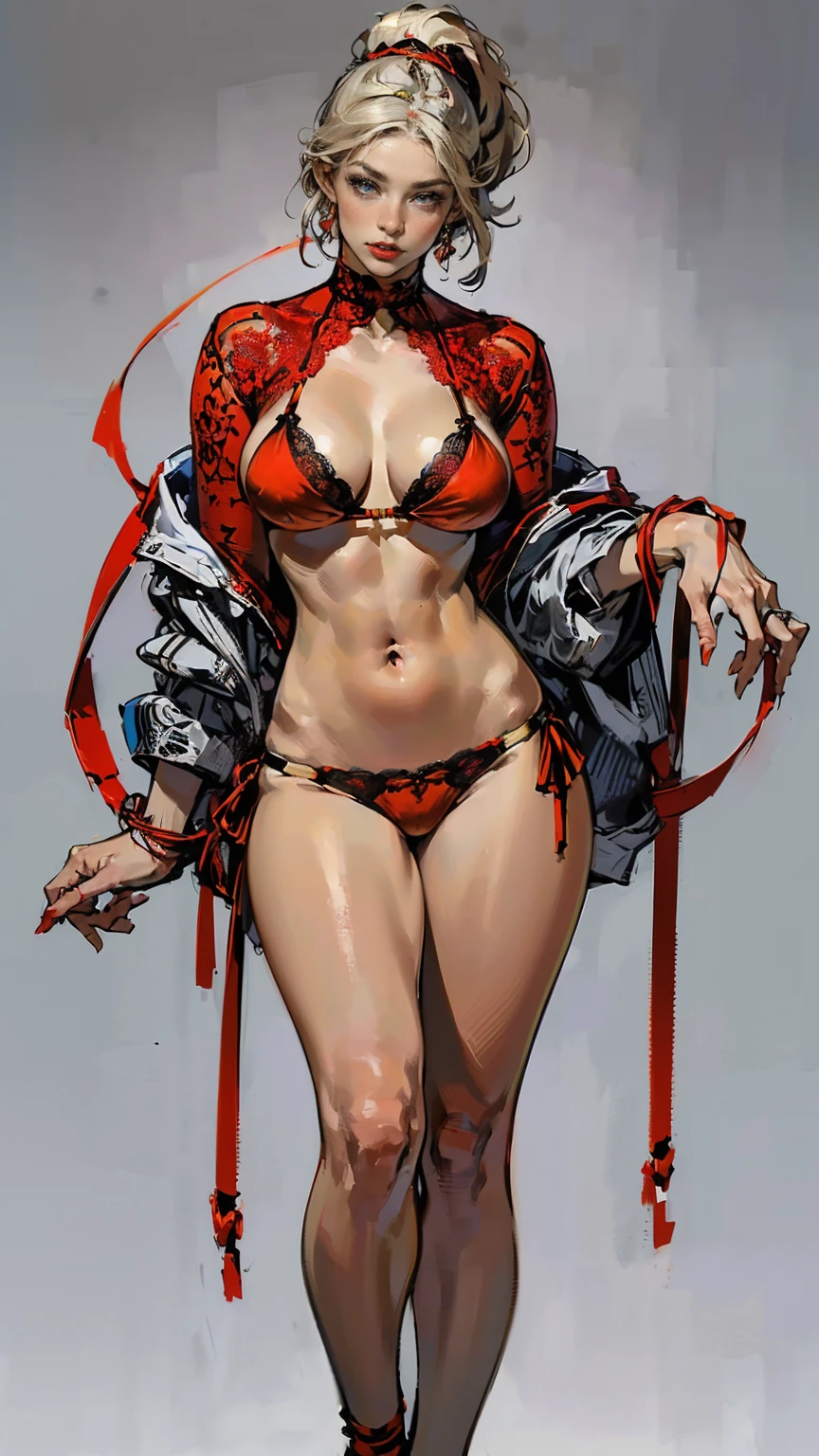 (Best quality, 4K, high resolution, masterpiece:1.2), ultra-detailed, realistic (photo-realistic:1.37), (full-body portrait), (fashion model pose), 40 years old, Russian woman, ambitious, elegance, calm, charming, intimidate, (blonde hair, power high ponytail hairstyle), perfect lash, perfect makeup, sun-tan skin, expressive blue eyes, wine lips, mature woman charms, seductive allure, perfect hourglass body shape, long toned legs, flat abs, perfectly round E cup breasts, very Tall, slim, with peachy hips, (((She is wearing a provocative and fiery red string bikini bra from La Perla, a matching fiery red lace bikini thong))), Background featuring luxurious penthouse.