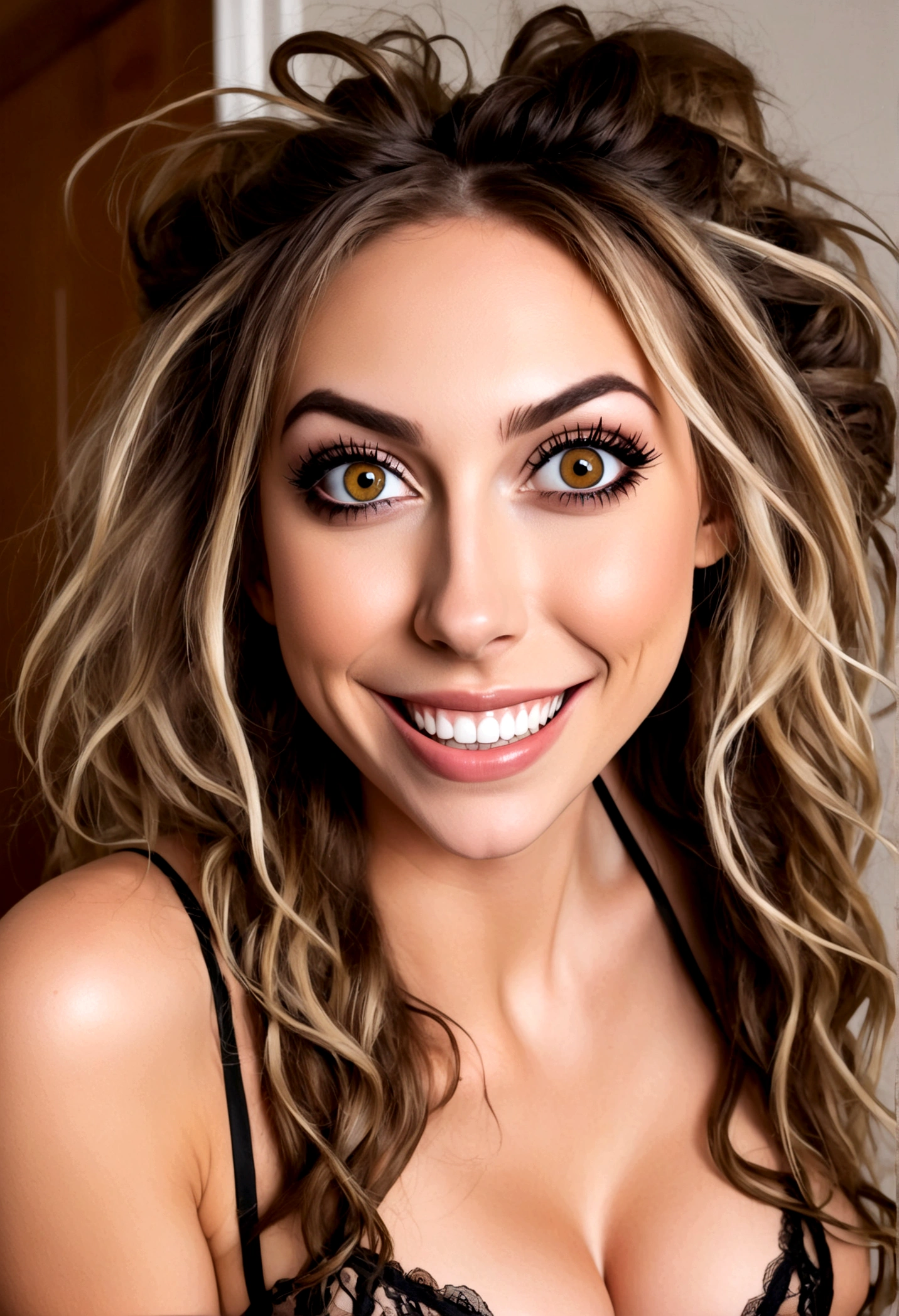 Create an image of a stunningly beautiful sexy Psychotically crazy girlfriend, Stunningly gorgeous perfect face, smile teath showing, large crazy eyes, very large pupils, long messy hair, in sexy lingerie, mounted over tied up male, 
