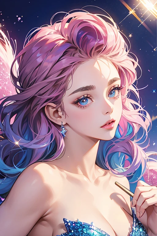 Splash Queen has pale brown skin and big, sparkly indigo eyes and pink lips. Her azure hair is partially shaved with a thick curly section framing the left of her head. SPARKLE; GLITTER