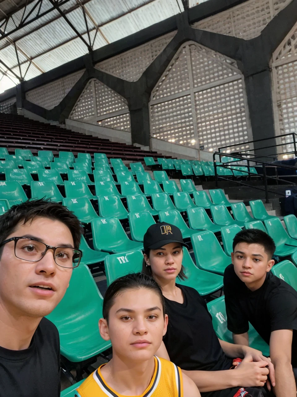 a mother, father, and two sons watching a basketball game together on a basketball court in the morning, many people in the background, detailed facial features, highly detailed, 8k, photorealistic, dramatic lighting, vibrant colors, cinematic composition, warm tones, natural lighting, sports arena, crowd of people, dynamic action, depth of field, dramatic shadows, emotional expressions