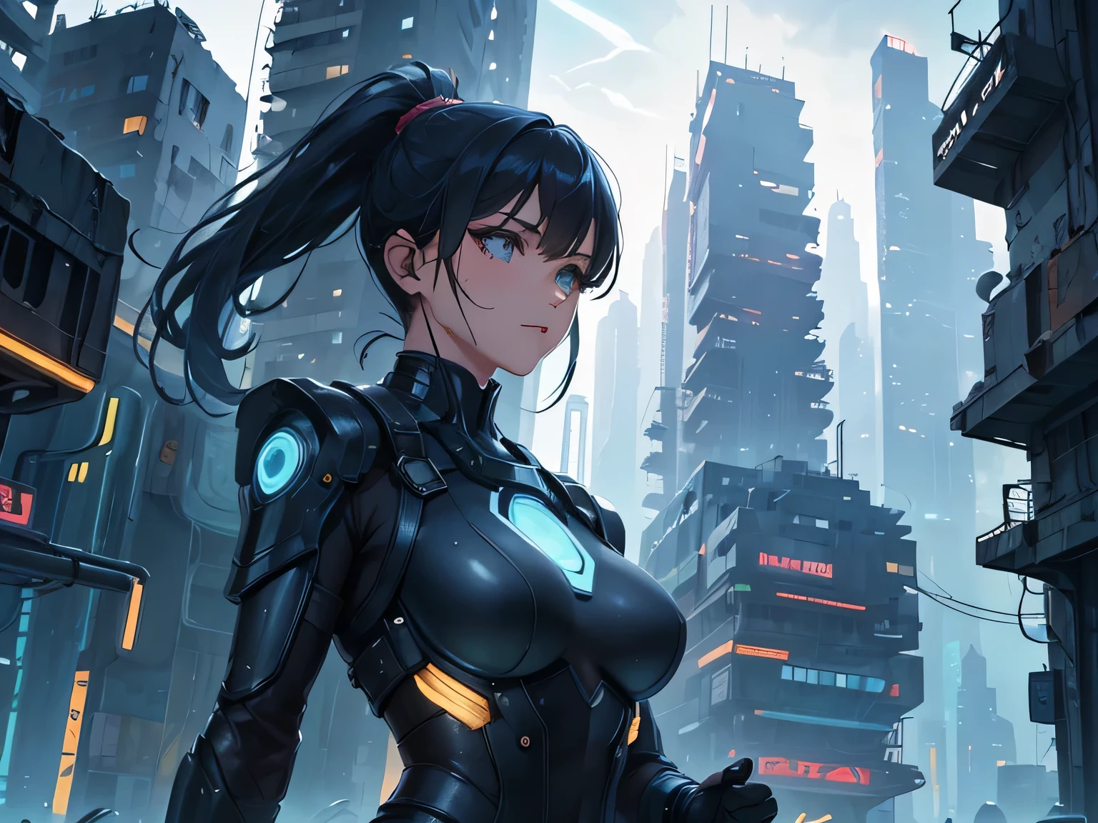 beautiful face, best quality, ultra high resnatural light, shiny skin, detailed skin, detailed face, detailed eyes, beautiful lady, blue hair, split ponytail, big hair, mole under eye, A scene from a science fiction movie, background(Abandoned futuristic city), a body-hugging navy metal suit, thick belt, Bust Shot