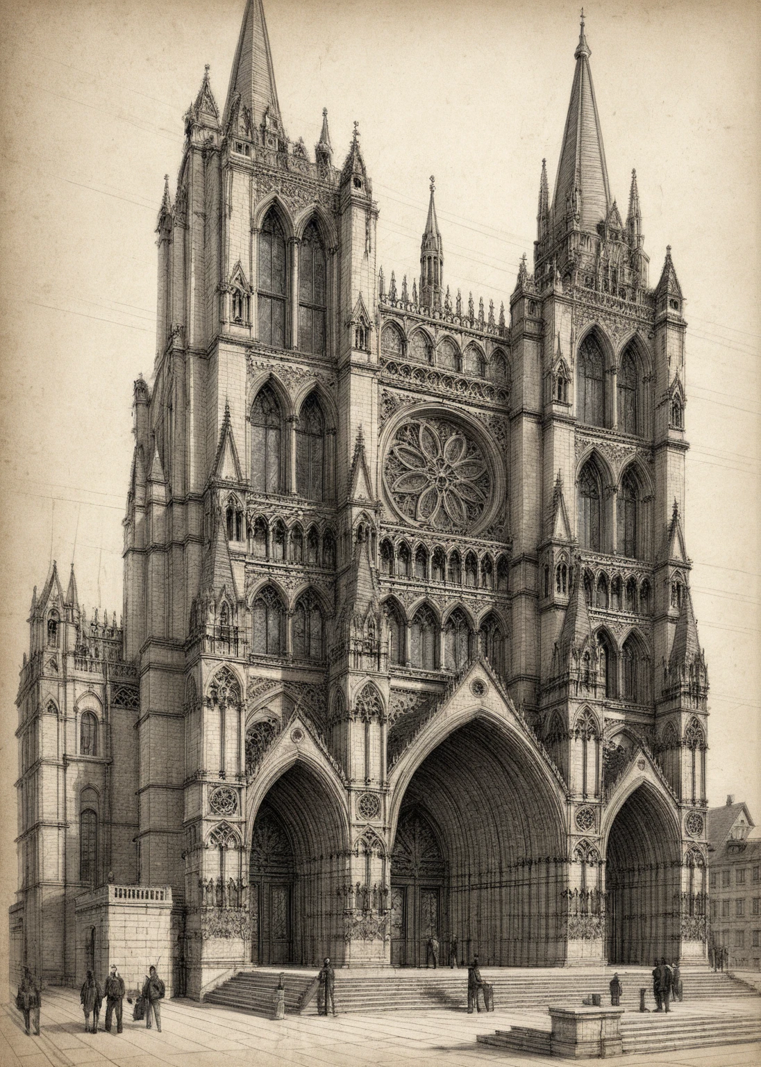 Raw photo of an intricate Gothic cathedral facade, detailed architectural drawing. The cathedral features large pointed arches, ornate rose window, tall spires, and numerous small towers. The building is richly decorated with intricate carvings, gothic tracery, and flying buttresses. The image is rendered in a sketch style with precise lines and shading, capturing the grandeur and complexity of the Gothic architecture. There are small groups of people and steps leading up to the grand entrance, adding a sense of scale and realism to the scene.