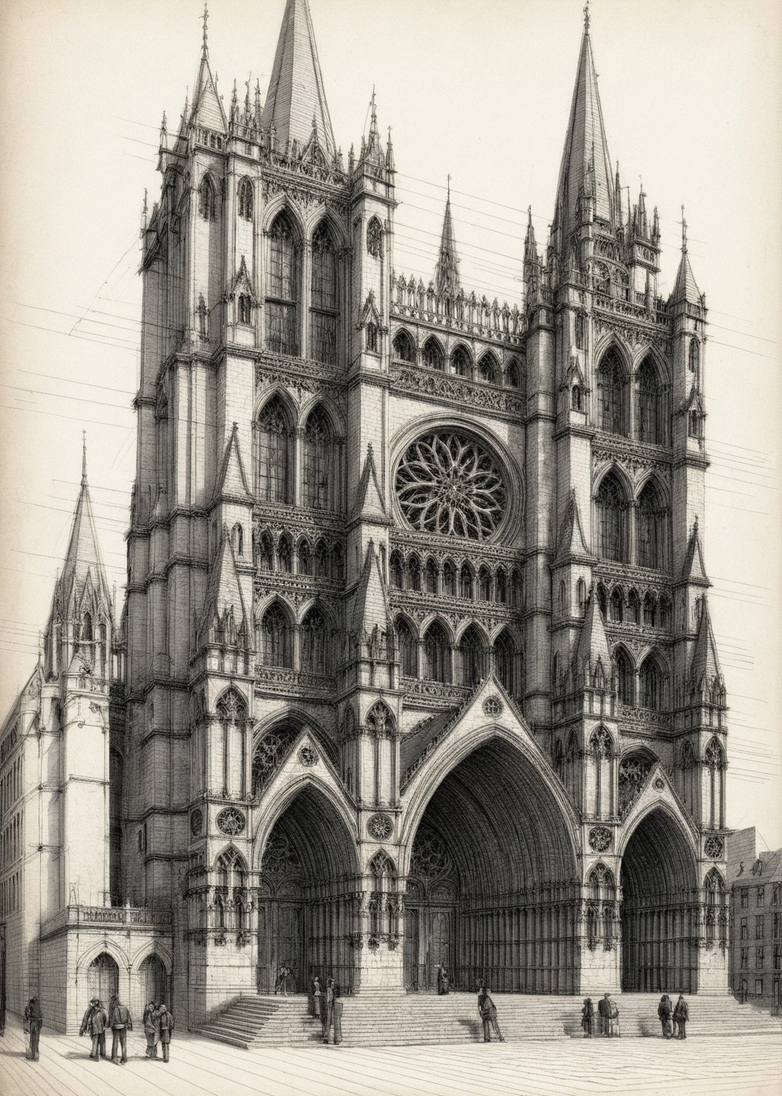 Raw photo of an intricate Gothic cathedral facade, detailed architectural drawing. The cathedral features large pointed arches, ornate rose window, tall spires, and numerous small towers. The building is richly decorated with intricate carvings, gothic tracery, and flying buttresses. The image is rendered in a sketch style with precise lines and shading, capturing the grandeur and complexity of the Gothic architecture. There are small groups of people and steps leading up to the grand entrance, adding a sense of scale and realism to the scene.