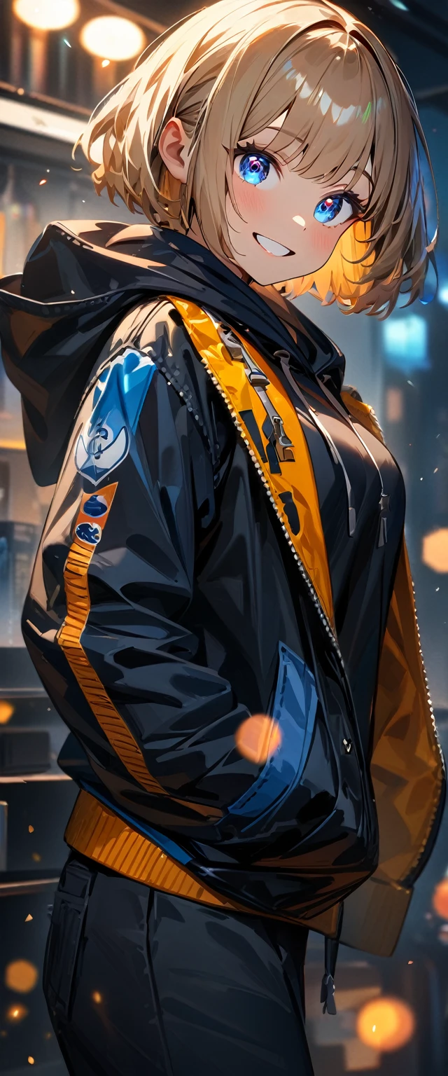 (((One girl))), Shibuya, blond hair, bob cut, ((face in focus)), (looking at viewer), breasts, teenager, head tilt:1.3, (((blue eye))), constricted pupils, (from side:1.3), reaching, hand in pocket, ((happy smile)), black hoodie:1.3, black shorts:1.3, anime style, (best quality, 4k, 8k, highres, masterpiece:1.2, ultra-detailed, ultra-detailed eyes, HDR, UHD, studio lighting, ultra-fine painting, sharp focus, physically-based rendering, extreme detail description, professional, vivid colors, bokeh)