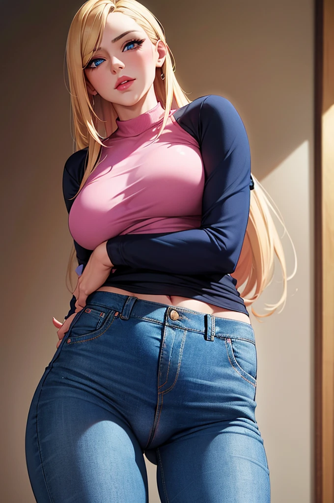 A female Masseur wearing clothing (incredibly detailed, beautiful face, pink lips, piece of art) tight jeans. She has blonde hair and blue eyes. The jeans are tight her cameltoe is visible