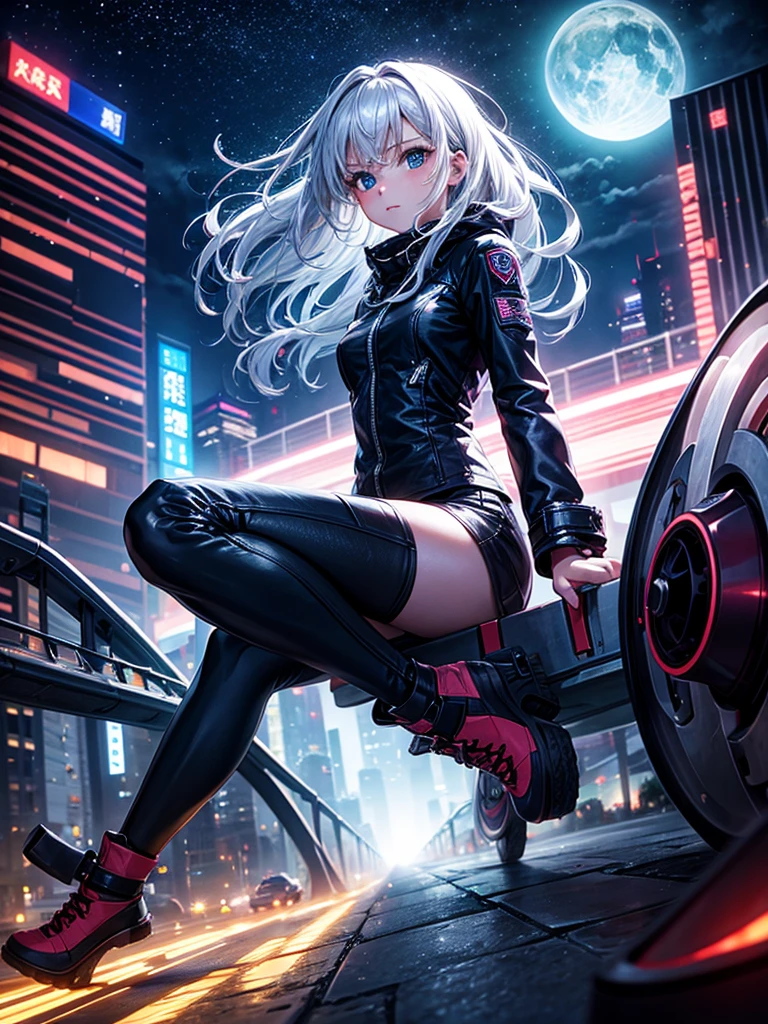 Highest quality,Highest Resolution,Girl from the future,２Traveling on a wheeled machine,Night City,