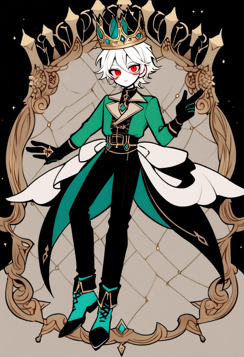 a boy a limegreen shirt, tumblr style black pants, Long white hair, and a brown layer,  a crown with aqua gems, red eye color, shoes (blue ankle boots), and gloves, (sonrrisa malebola) (whole body