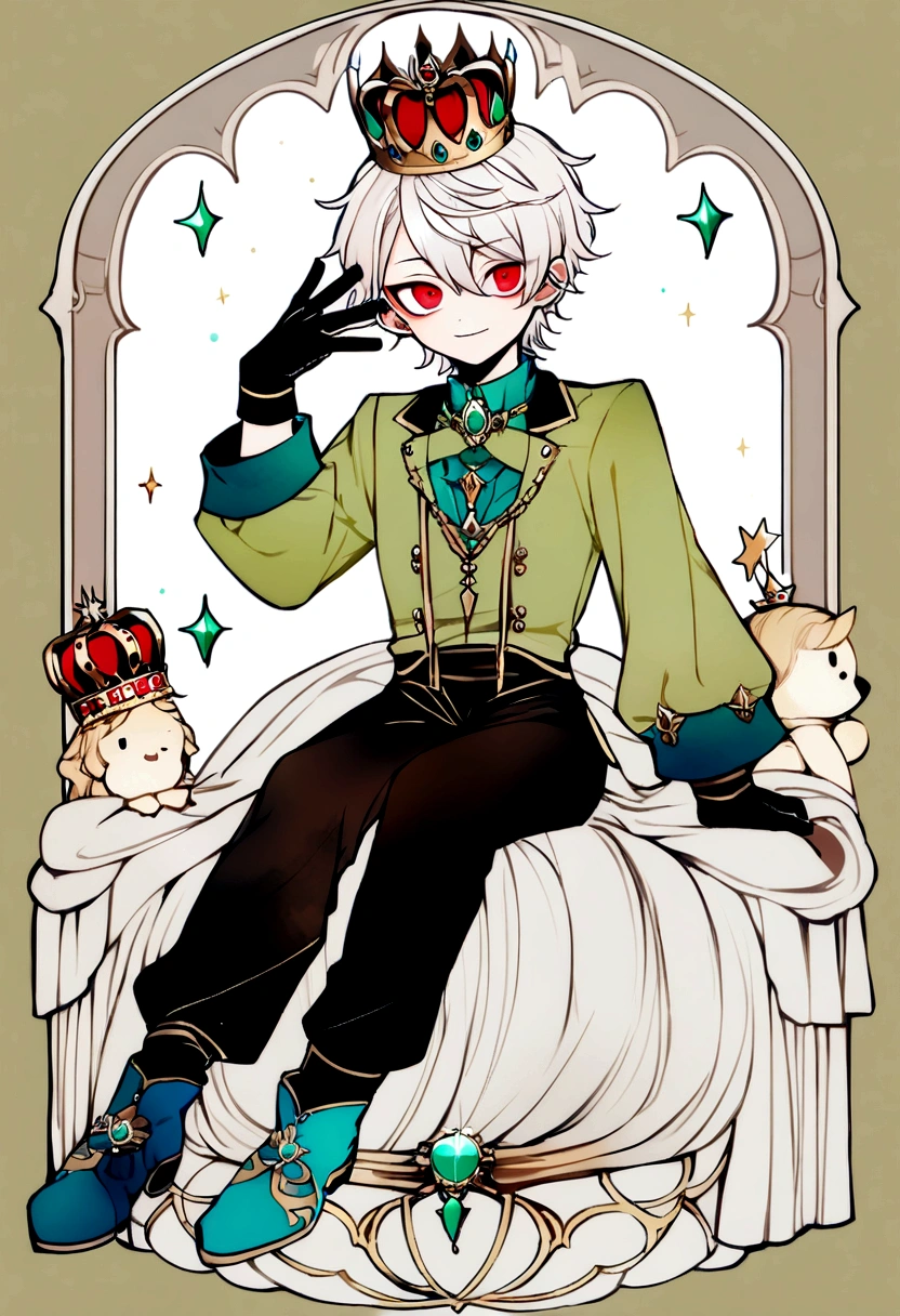 a boy a limegreen shirt, tumblr style black pants, Long white hair, and a brown layer,  a crown with aqua gems, red eye color, shoes (blue ankle boots), and gloves, (sonrrisa malebola) (whole body