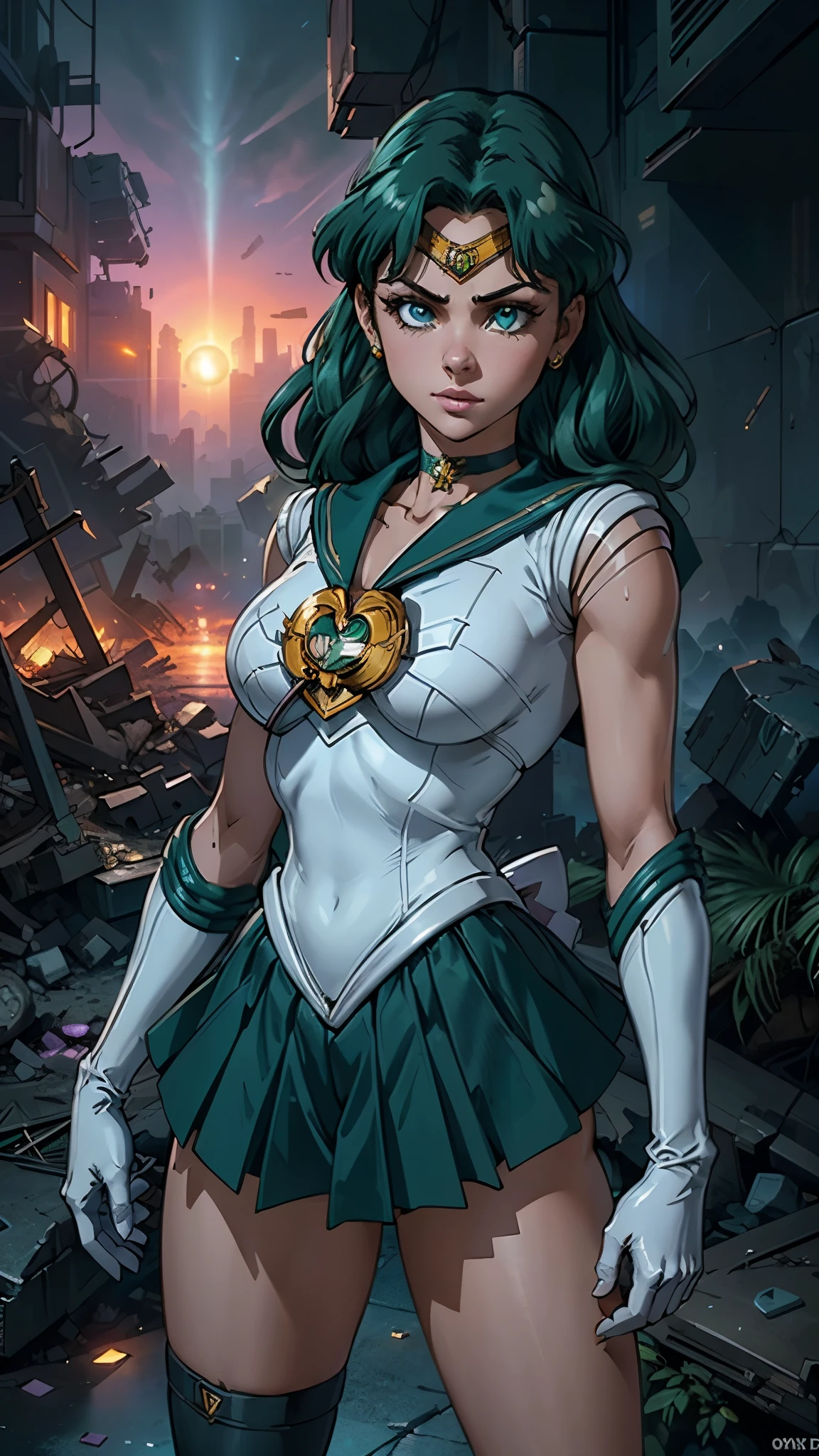 (La Best Quality,A high resolution,Ultra - detailed,actual),Selena Gomez ,(Cyberpunk ruined dungeon ruins background :1.4 ), (Uniformes de sailor moon senshi:1.4), dark green hair, medium hair, Supplicant skirt, (White elbow gloves:1.1), joya, medium chest, dynamic background, dynamic posture,More detailed 8K.unreal engine:1.4,HD,La Best Quality:1.4, photorealistic:1.4, skin texture:1.4, Masterpiece:1.8,Masterpiece, Best Quality,object object], (detailed facial features:1.3),(Apocalyptic city destroyed:1.7), choker, (White glove:1.4), choker verde, Elbow Groves, joya,(sunset background:1.4),(sailor moon Neptune:1.4),(cowboy pose :1.4), (beautiful green eyes :1.4), ,( cyberpunk 2.1), (kawaii style :1.4), ,(Cyberpunk ruined dungeon ruins background :1.4 ), (cinematic lighting :1.4), (perfect anatomy V2.1), (looking at viewer:1.25), (Selena Gomez :1.4), (Selena Gomez V2.1), (neon cyberpunk V2.1), (skirt lifted by itself: 1.1), (skirt lift: 1.3), (showing white panties: 1.3), (ultra detallado V2.1), (ultra detallado :1.4), (UHD 32k) 
