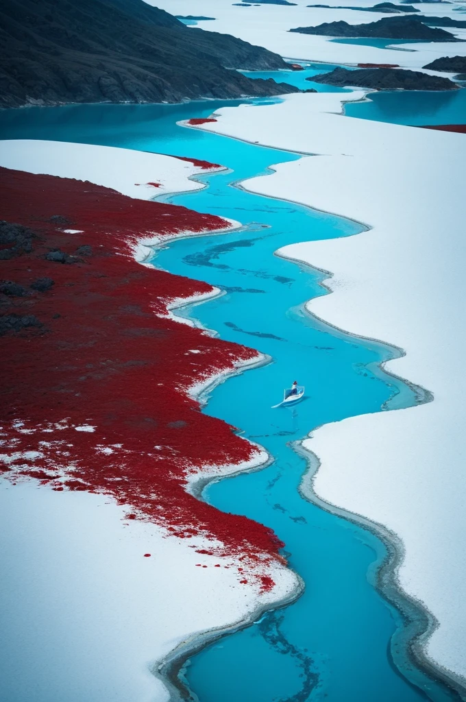totally white background, with blue waters with a stake dripping blood in the water, written Akira has Ira