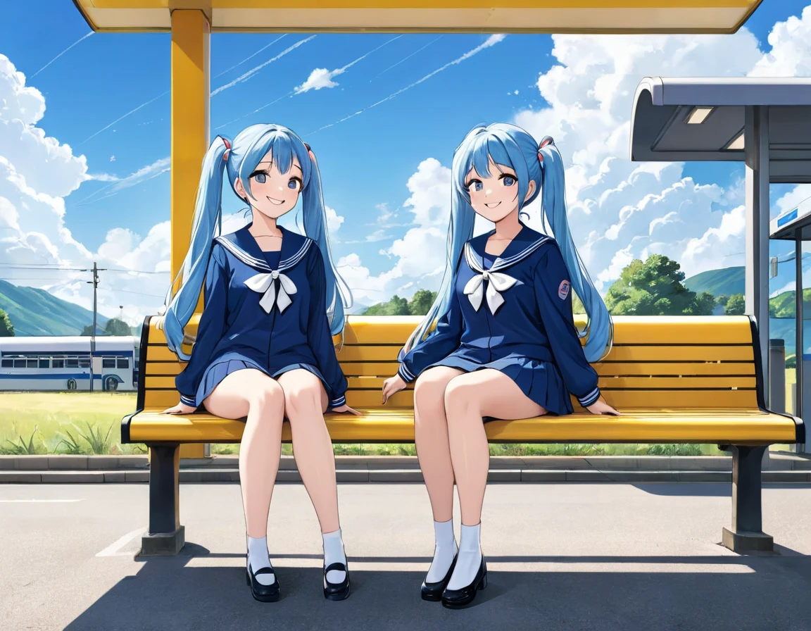 Light blue long hair、Two beautiful girls with twin tails、Sailor suit、Bright smile、Full Body View、Rural landscape、Sitting on a bench at the bus stop waiting for the bus、I can see the bus、White clouds in blue sky、Face Highlights