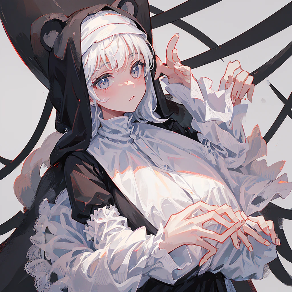 A girl,Dressed in black and white,nun,Dressed elegantly,Big Bear,black,((Pure white background))