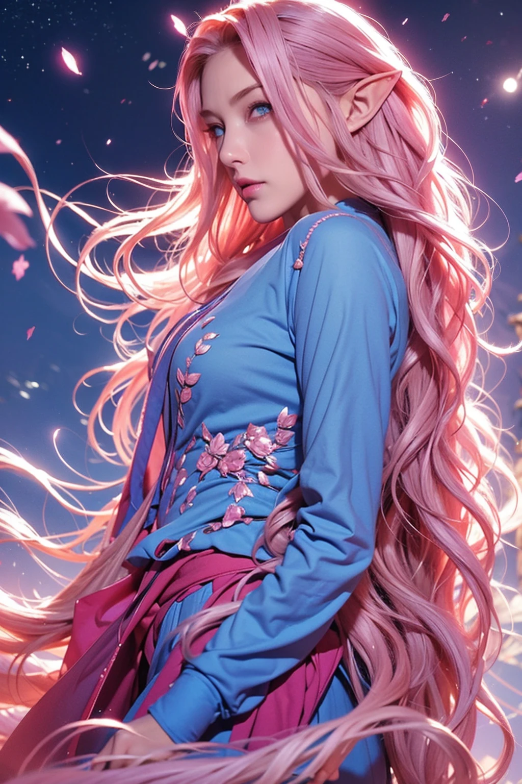 Woman, long wavy hair, pink hair, blue eyes, night, wind, stars, elf, powers, fighting stance ,Fight, fight outfit, sexy, fighting position, Night, fight 