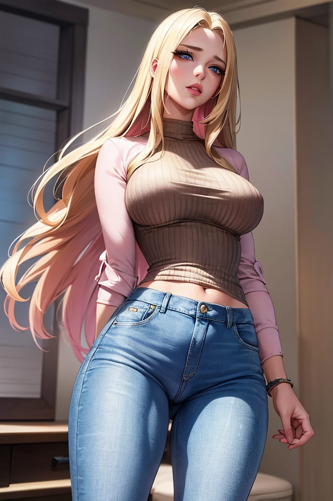 A female wearing clothing (incredibly detailed, beautiful face, pink lips, piece of art) tight jeans. She has blonde hair and blue eyes. The jeans are tight her cameltoe is visible
