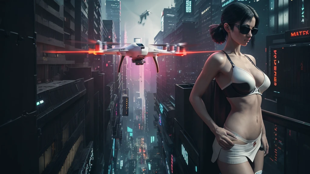 20-year old large-breast woman with cleavage:1.4, 1woman, solo, 3D neon art of a woman's body, (with low angle view), (((((matrix style black micro sunglasses, black bra and very short black miniskirt, white G-string panty))))), (((aiming with a short gun))), (looking at camera), aerial view of blade runner neon-noir city background, (((Matrix cascading code))), (((1drone alone above city))), perfect composition, beautiful detailed intricate insanely detailed octane render trending on artstation, 8K artistic photography, photorealistic concept art, soft natural volumetric cinematic perfect light, chiaroscuro, award-winning photograph, masterpiece, oil on canvas, Raphael, Caravaggio, Greg Rutkowski, Beeple, Beksinski, Giger